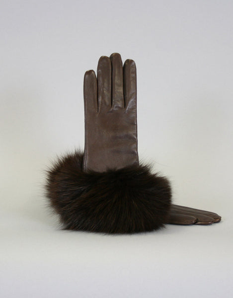 Cashmere Lined Fur Trim Glove-Brown/ Brown Fox