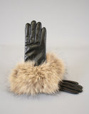 Fur Trim Leather Glove- Red dyed Indigo Fox