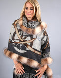 Printed Cashmere Shawl-Grey Blue with Pearl Fox