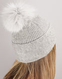 Bow Crystal Pom Hat - Light Grey