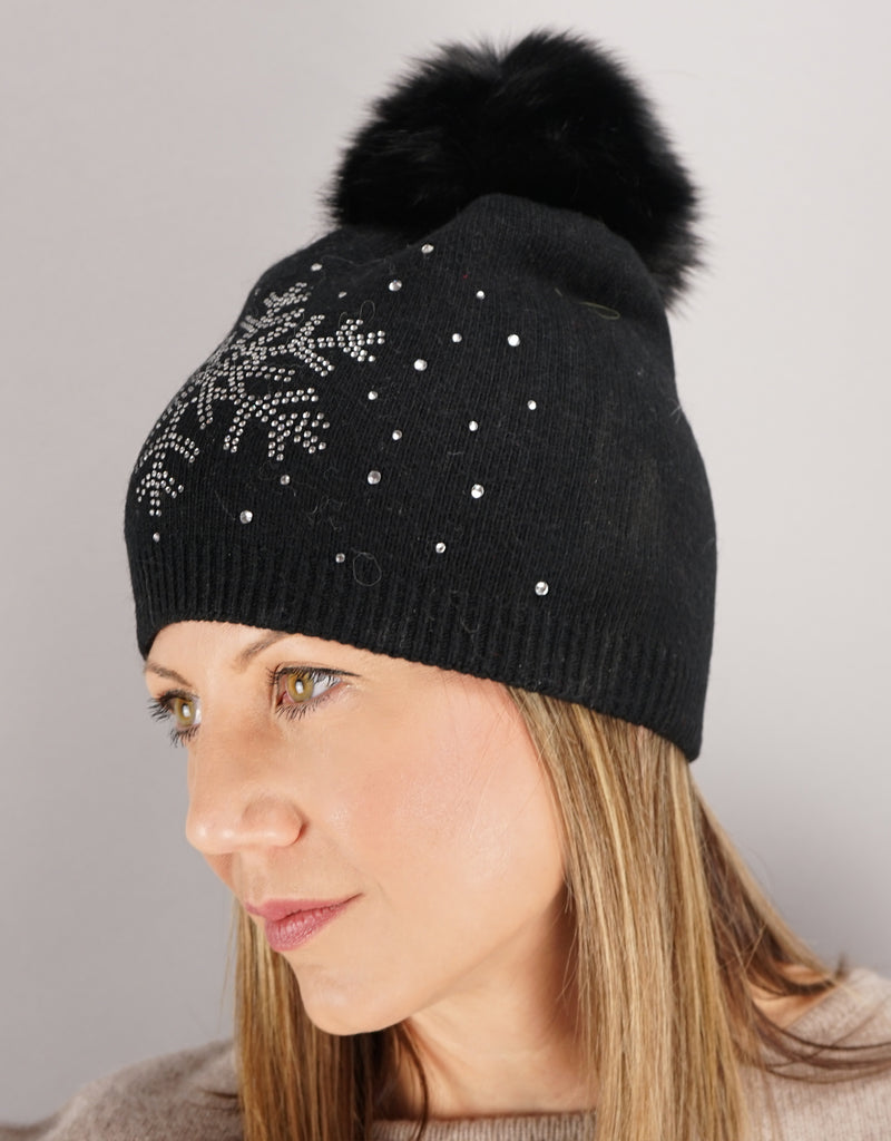 Isotoner Black Women's Chenille Snowflake Hat with Faux Fur Pom