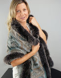 Printed Cashmere Shawl- Turquoise Scroll / Black Snow