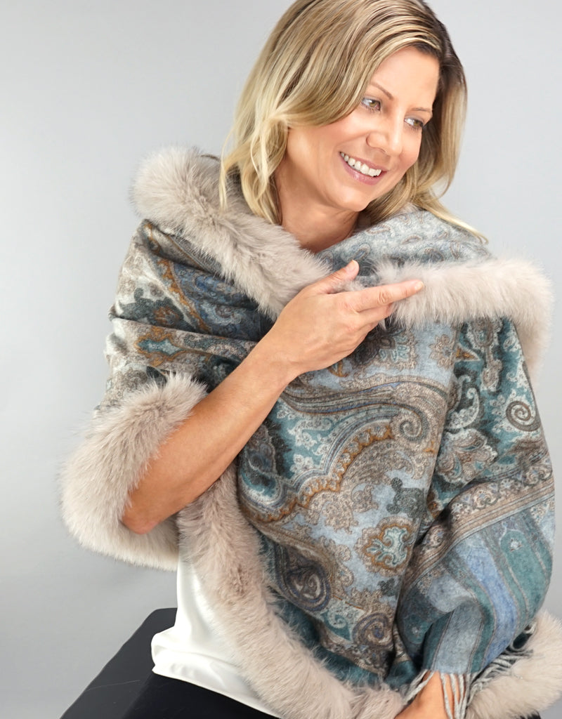Printed Cashmere Shawl- Turquoise Scroll / Sand