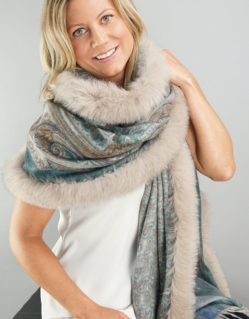 Printed Cashmere Shawl- Turquoise Scroll / Sand